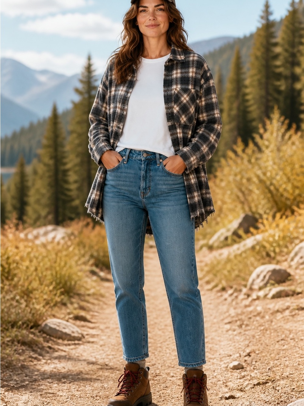 Plaid Utility Shacket Jacket in Black and Cream